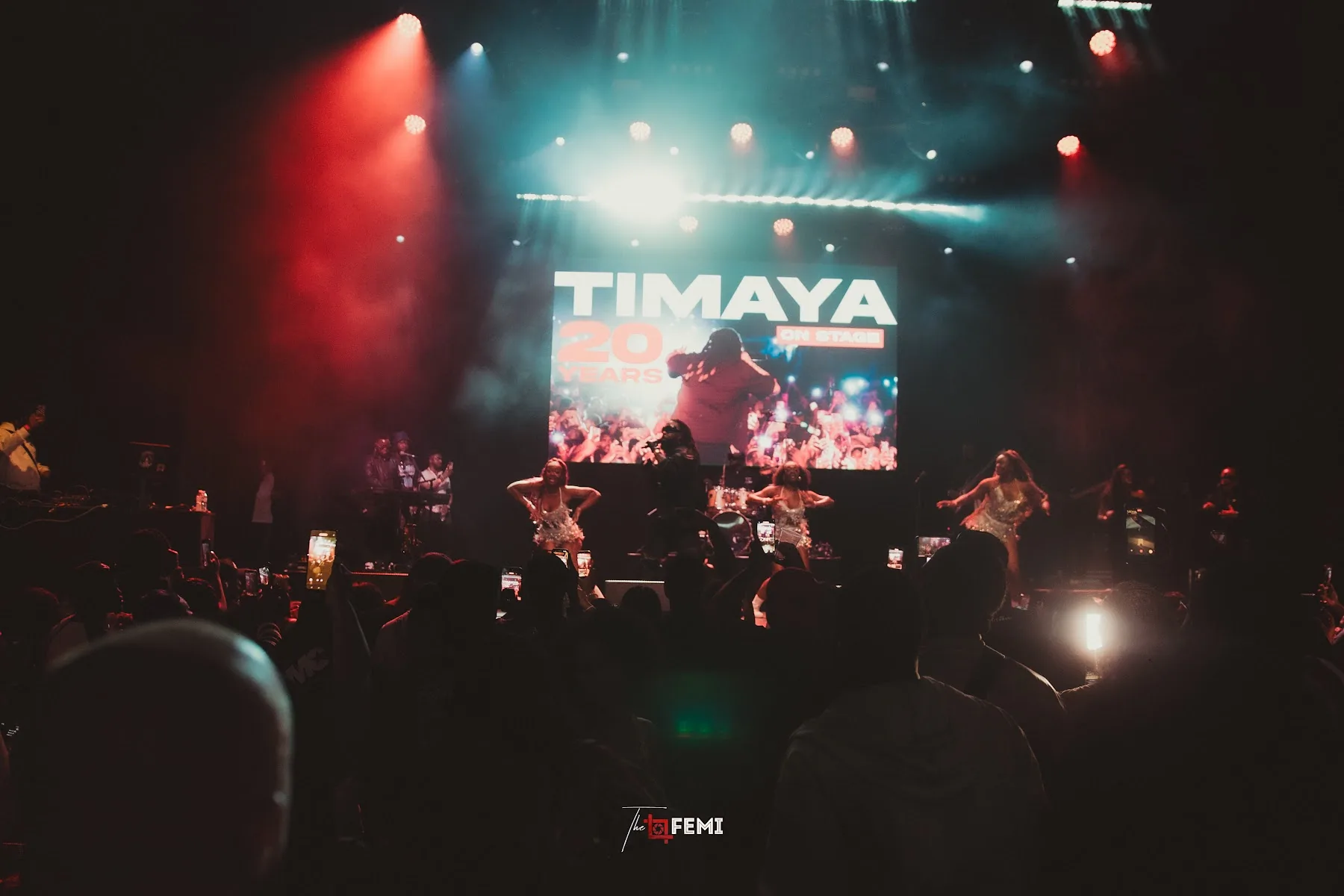 Wide view of the Timaya 20 Years show at indigo at The O2, London, with the crowd lit by stage screens